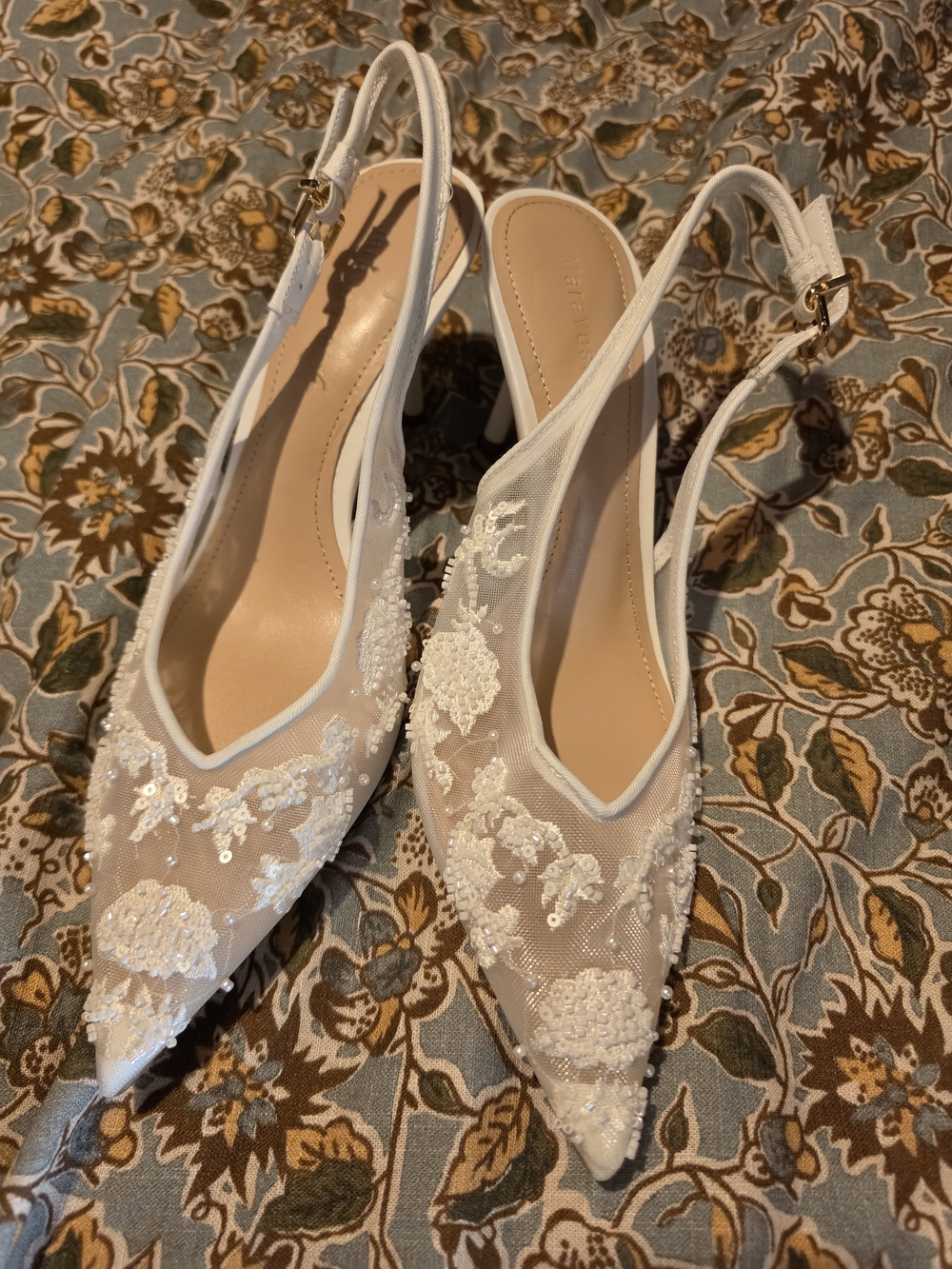 Elegant White Beaded Slingback Heels